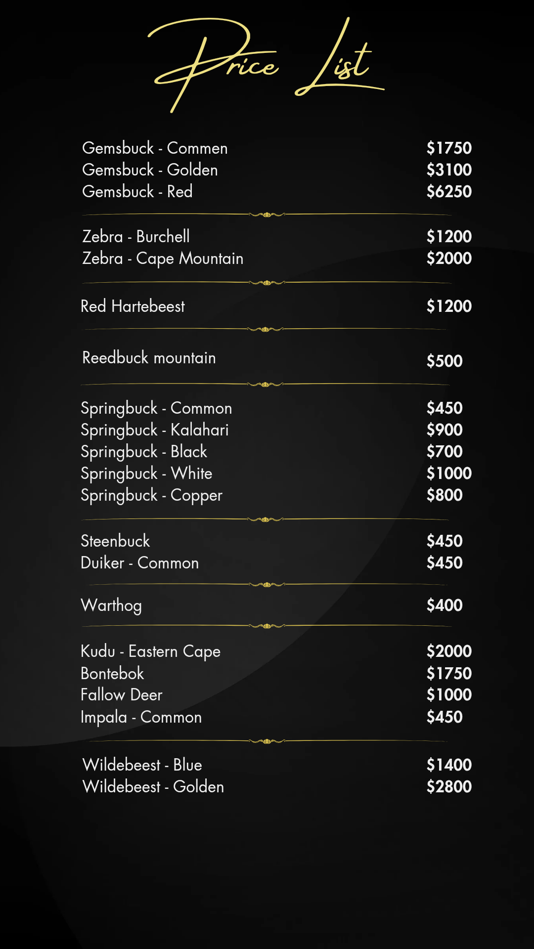 Royal Gemsbuck Safaris Price List